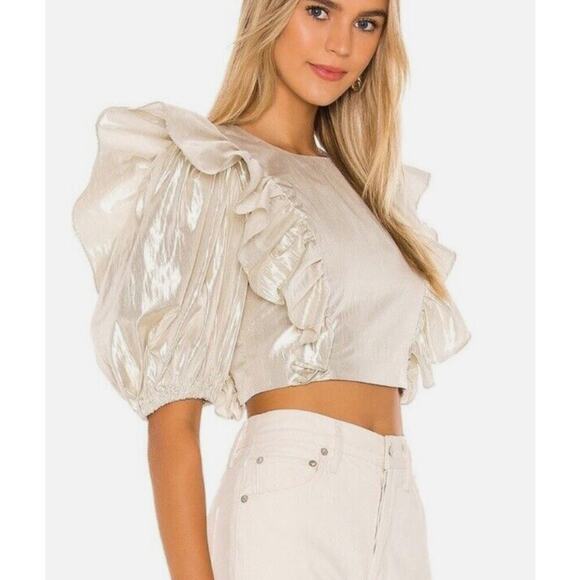 Lovers + Friends Tops - Lovers + Friends Revolve Crop Top Ruffle Metallic Foil Gold Puff Sleeve Sz XS
